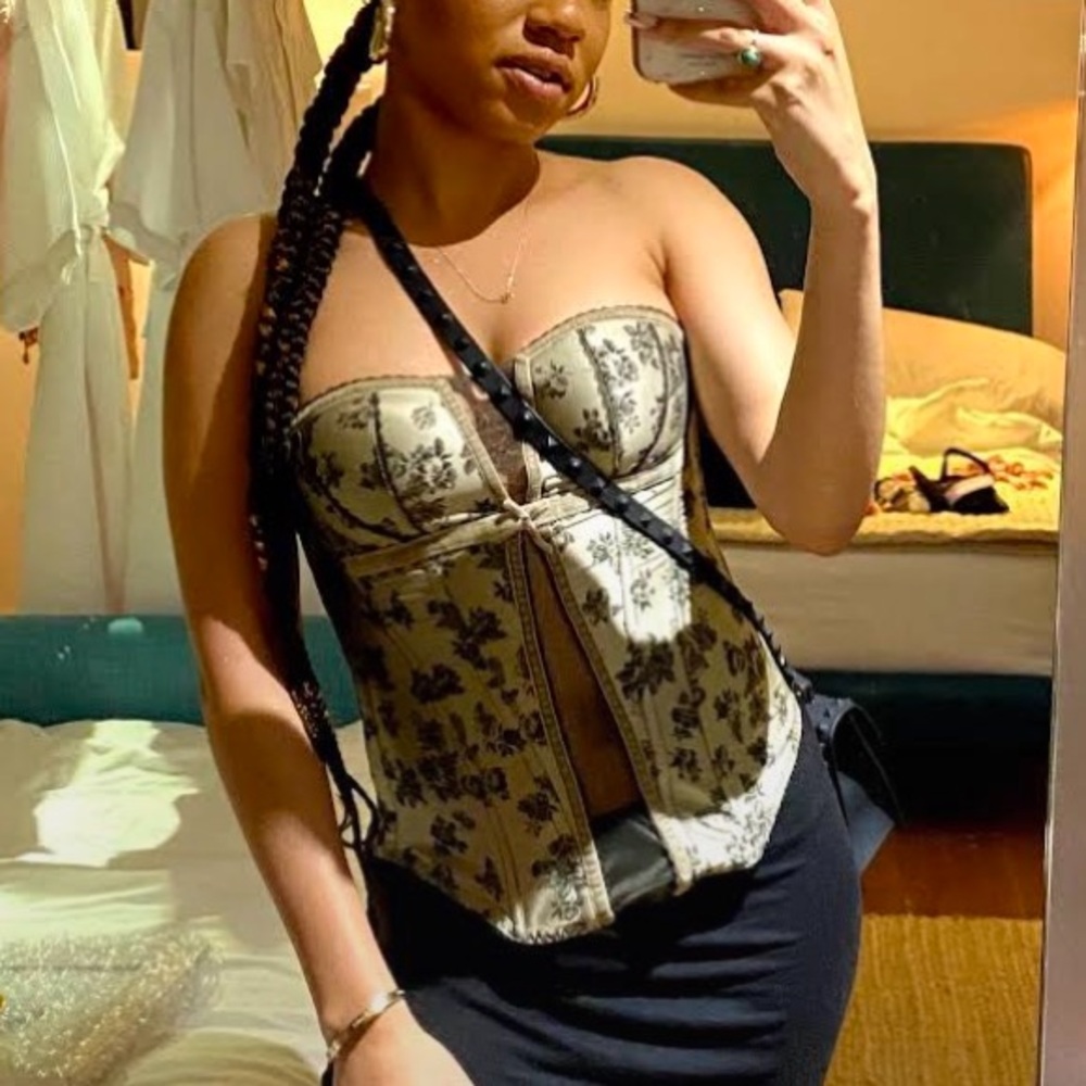 Strapless Floral Lace Corset Top in Taupe and Black